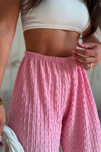 style of style Pink Wrinkle Seersucker Fabric Ultra-Flexible Pants