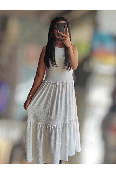 Sublime Butik Rochie albă Midi de damă - curea groasă