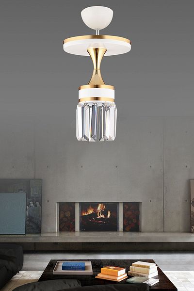 KARDELEN AYDINLATMA AVİZE Nairobi Single White Plafone Crystal Stone Yellow Striped Cylinder Downward Facing Luxury Chandelier