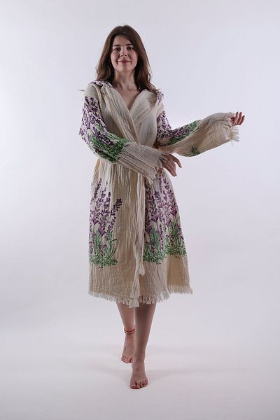 REİNA TEKS Lavender Patterned Muslin Cotton Peshtemal Bathrobe - 1 Piece Unisex Beach Kimono Kaftan