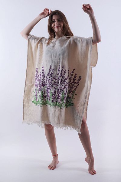 REİNA TEKS Lavender Patterned Muslin Cotton Beachwear - Wrapped Water Absorbent High Unisex