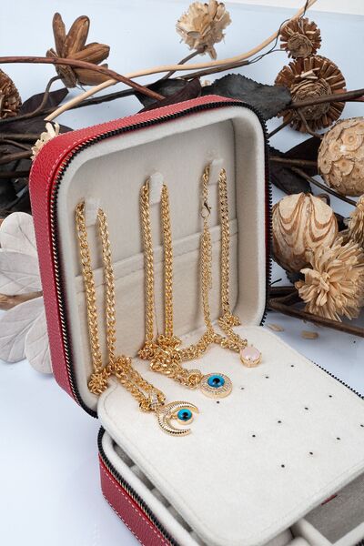 Gold Box صندوق مجوهرات وسفر ومجوهرات متوسط الحجم أحمر (علبة خشبية وجلد) (15 ×...