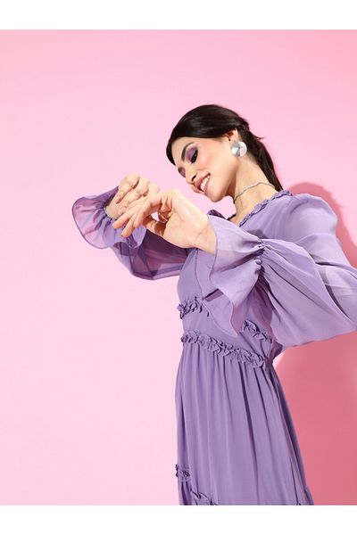 Athena By Styli Ruffled Georgette Dress with Frill Cuff Sleeves