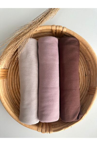 Merve Nayir 3-Piece Lycra Combed Cotton Shawl Set - Jersey Shawl Hijab (BEIGE-POWDER-BROWN)