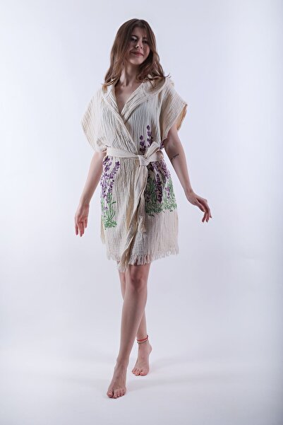 REİNA TEKS Cotton Lavender Patterned - Belted Hooded Vest 1 Piece Unisex Muslin Bathrobe