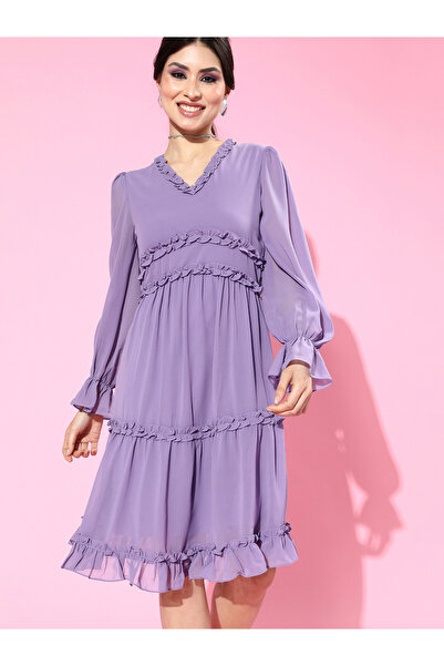 Athena By Styli Ruffled Georgette Dress with Frill Cuff Sleeves