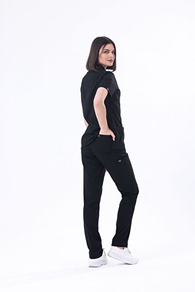 EGEUNIFORM Siyah Flex Likralı Kargo Cep Pantolon Scrubs Erkek Kadın Hemşire Forması Doktor 112 Üniforma