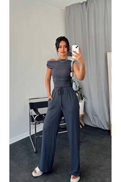 HARMONY GLOBAL Smoked Women's Blouse and Trousers Set - Asymmetric Collar, Crinkle Woven 990