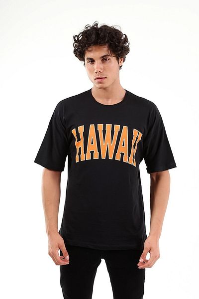 Mad&Calf Unisex Oversize Χαβάης εμπριμέ μαύρο μπλουζάκι