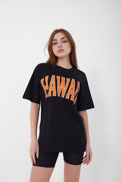 Mad&Calf Unisex Oversize Χαβάης εμπριμέ μαύρο μπλουζάκι