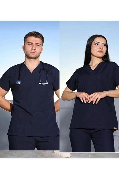 EGEUNIFORM قميص ممرضة علوي واحد من الليكرا باللون الأزرق الداكن - قميص مستشفى الطبيب الصحي