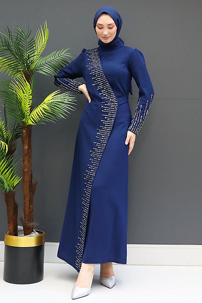 GİZ AGİYİM Φόρεμα Navy Blue Allergic Asymmetrical Stone με λεπτομέρειες