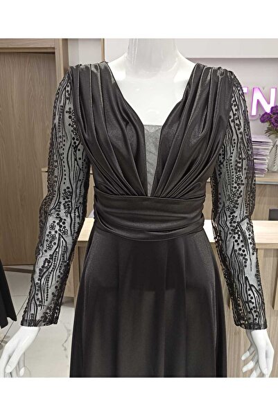 ORJEEN KADIN V YAKALI KOLLARI SİM DETAYLI UZUN PARLAK SATEN DÜĞÜNLÜK NİŞANLIK...