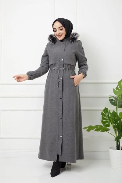 KMKkombin Kadın Boydan Fermuarlı Tam Boy Kaşmir Kapşonu Kürklü Uzun Kaşe Pard...