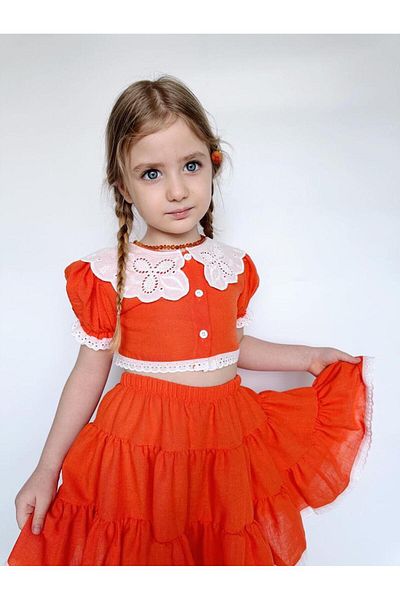 Little Ya Ya Love Sheila Cotton Scallop Collar Crop Skirt Set