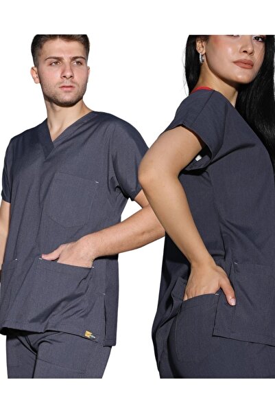 EGEUNIFORM زي ممرضة ليكرا مرن باللون الرمادي المدخن - زي طبيب مستشفى الدعك