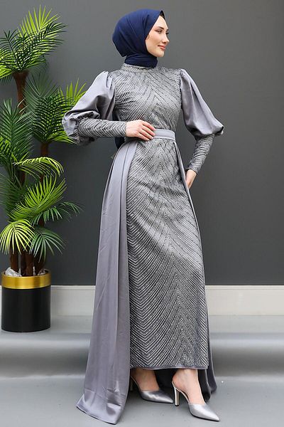 GİZ AGİYİM Dark Gray Talya Hijab Evening Dress
