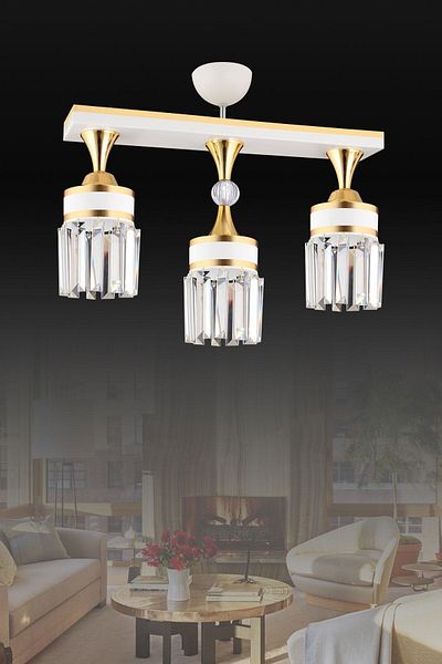 KARDELEN AYDINLATMA AVİZE Nairobi 3-Piece White Row Plafonier with Crystal Stone and Yellow Strip Cylinder Downward Facing Luxury Chandelier