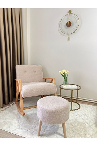 ÖZKISMET Cappucino Sallanan Ahşap Berjer Koltuk Puf Hediyeli