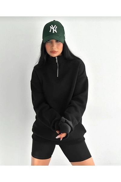 NİCE Fleece Black Unisex Sweatshirt - Half Zipper, Stand Collar Winter