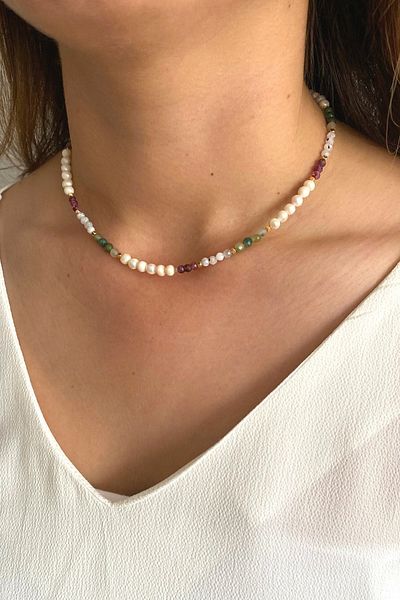 Suerte Accessories قلادة بتصميم خاص مصنوعة يدويًا من حجر القمر روبي والأميرة (PREHNIT) من الحجر الطبيعي مايوركا (ماجوريكا)