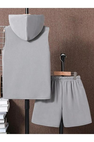 npLStore Unisex Label εμπριμέ αμάνικο μπλουζάκι με κουκούλα και σορτς κάτω μπλουζάκι