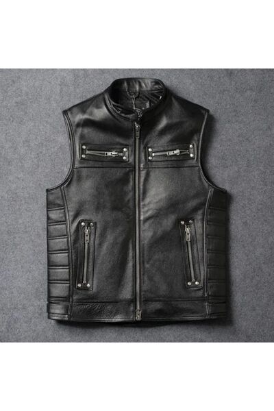 NYC GİYİM TEKSTİL Γιλέκο μοτοσικλετιστή μαύρο χρώμα Γνήσιο δέρμα αρνιού