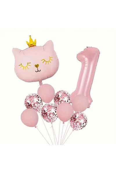 aşkın concept 1 Year Old Pink Birthday Party Set - Foil Balloon with Cat and Confetti