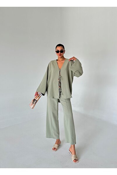 Laluvia Linen Kimono and Beaded Bag Set - Çağla