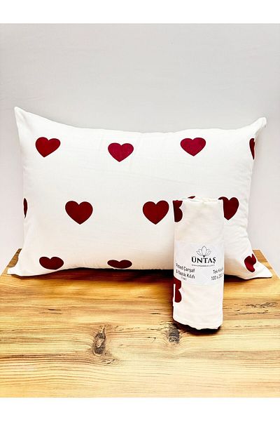 üntaş Heart Patterned Oversize Elastic Sheet and Pillowcase - 2 Pieces