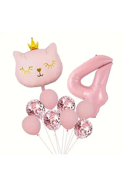 aşkın concept Birthday Party Set, Pink 4 Years Old, Cat and Confetili Foil Balloon Party Set
