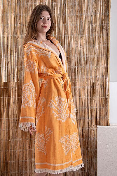 REİNA TEKS 1 Piece Jacquard Peshtemal - Cotton Beach Coral Patterned Unisex Kimono Caftan Bathrobe