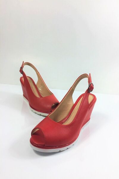 Tabak Deri Genuine Leather Lightweight Stylish and Comfortable Eva Sole Wedge Heeled Sandals Red