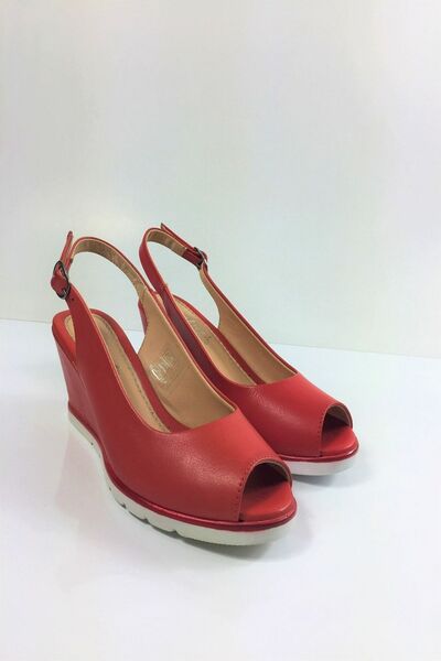 Tabak Deri Genuine Leather Lightweight Stylish and Comfortable Eva Sole Wedge Heeled Sandals Red