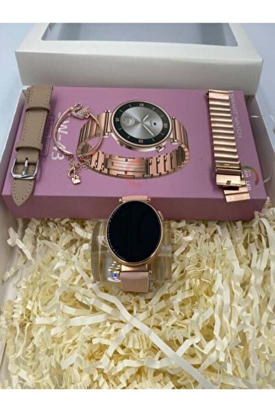 QÜMÜŞ Akıllı Saat Amoled Ekran 1.32 inç Çelik Deri Silikon 3 Kordon Nfc Bildirimler Kadın Kol Saati