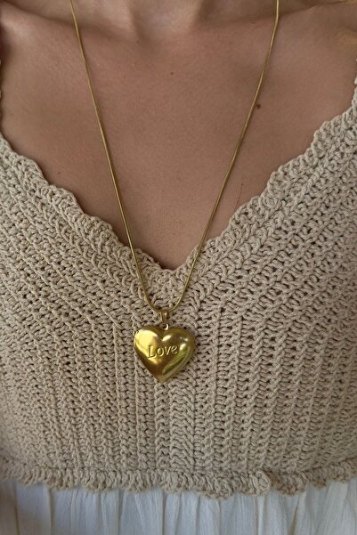 Okko Store Çelik Uzun Love Yazılı Kalp Kolye