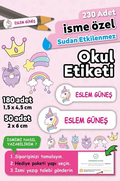 HediyeHanesi Unicorn Tasarımlı Kişiye Özel İsimli Defter Kalem Okul Etiketi, ...