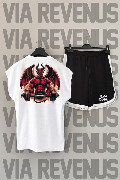 Vordevia Gym Devil White Sports T-Shirt and Black Sports Shorts Set - Crew Neck, Zero Sleeve