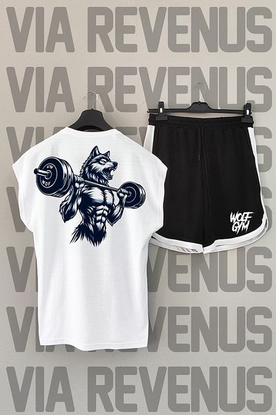 Vordevia Λευκό αθλητικό μπλουζάκι Wolf Gym και μαύρο αθλητικό σορτς - Crew λαιμόκοψη, μηδενικό μανίκι