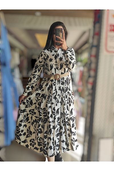 Sublime Butik Rochie de damă retro din in cu model etnic - cu centură de paie