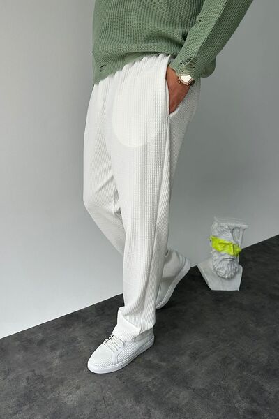 NO61 MAN Loose Fit White Color Jacquard Fabric Corded Trousers