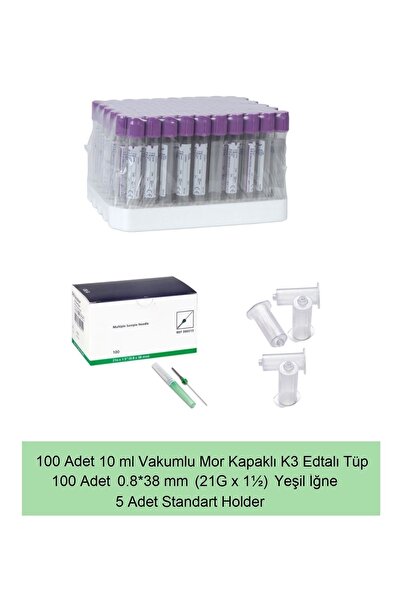 HEMA TUBE 100 Adet 10 ml Vakumlu Mor Kapaklı K3 Edtalı Tüp Ve 0.8*38 Mm (21G) Yeşil Iğne 5 Adet Holder