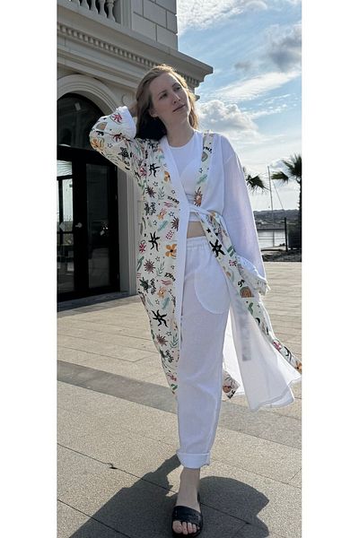 SARE ERKMEN Plus Size Summer Long Kimono - Colorful - Green -White