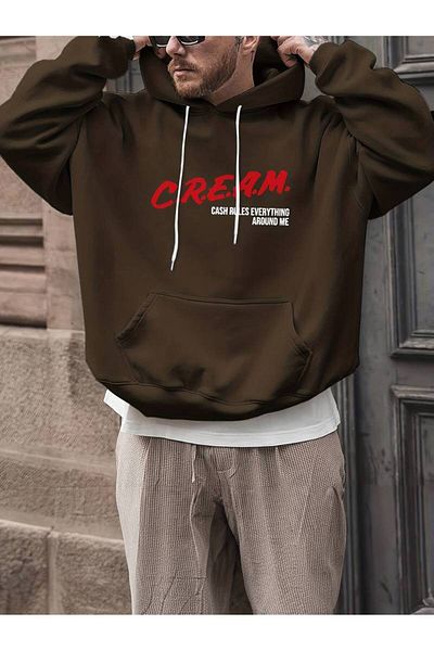 Hunors Sportswear & Company Thick Cut Fleece Cream Printed Oversize Hooded Basic Knitted Sweatshirt - Brown