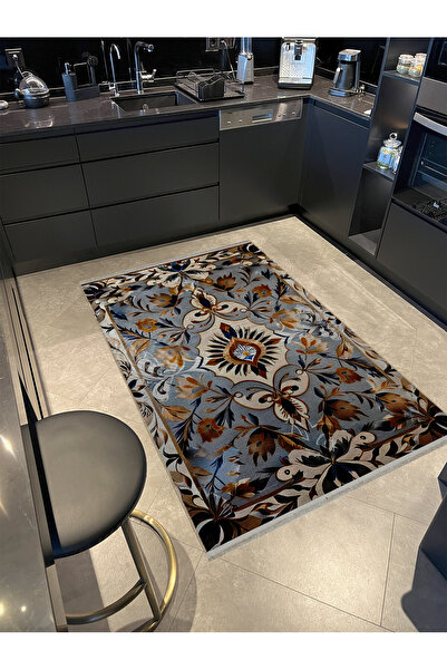 Rugs Modern Halı Mavi Bej Tonlarda Antik Tasarım Serisi Kahverengi Çiçek Deta...