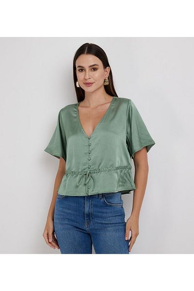 Levi's Women's Green Plain V Neck Short Sleeve Blouse