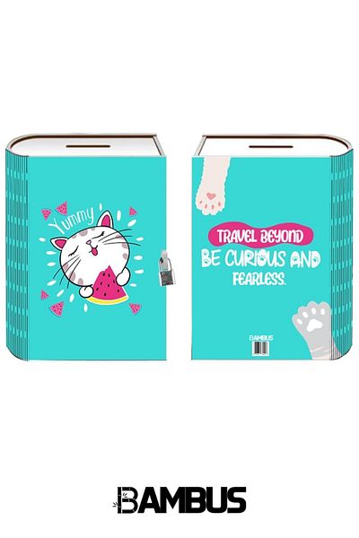 Bambus Home صندوق تخزين ديكور خشبي مطبوع من Yummy - حصالة على شكل كتاب مع قفل