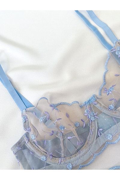 Sage Lingerie Blue Floral Embroidered Underwire Bra Set