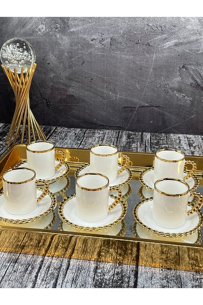 YzHome طقم فناجين قهوة مطرز بالخرز من البورسلين الأبيض مكون من 6 قطع نموذج خرزة
