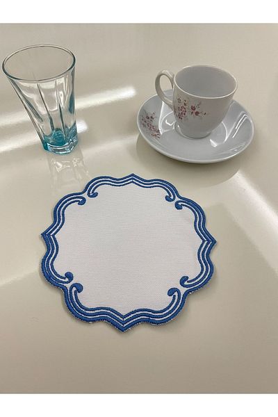 AYNAKIŞÇEYİZ 6 bucăți trei învelișuri broderie șervețel de prezentare de in culoare albastră